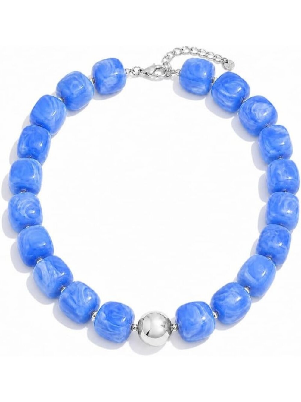 Women's Blue Silver Chunky Square Acrylic Bead Adjustable Length Choker Necklace